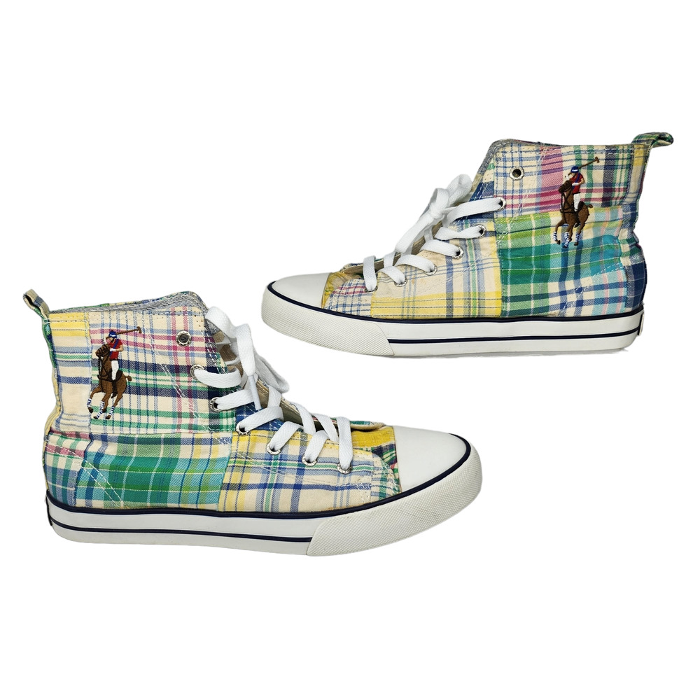 Polo Ralph Lauren Shoes Mens 5.5 Plaid High Tops Yellow Blue Green Big Pony